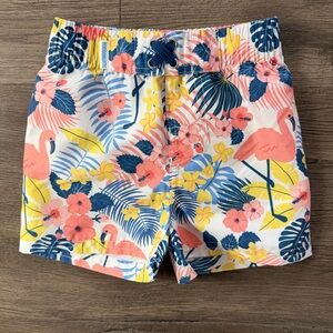 🌸 Like New🦩 Kids Floral Flamingo Swim Trunks - Coral, Yellow & Navy